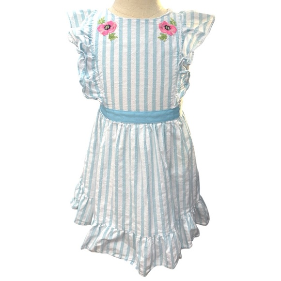 Janie and Jack Girl’s Dress Size 6 Blue White Striped Ruffle Floral Embroidery - Picture 2 of 4